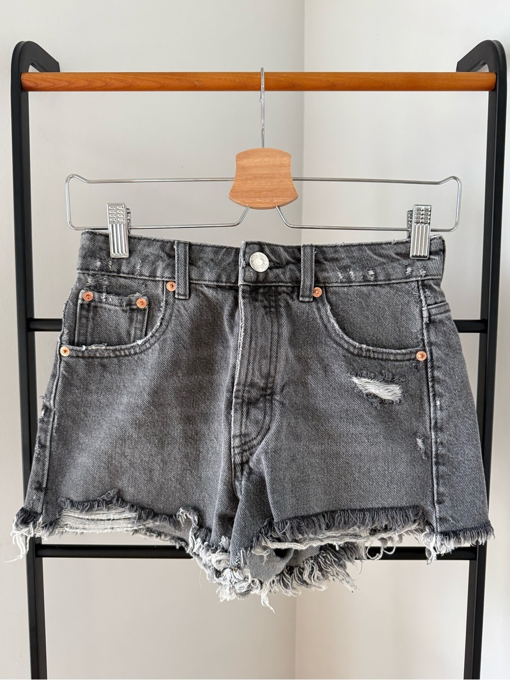 Zara Washed Black Distressed Denim Shorts, size 0
